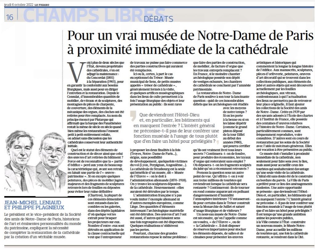 Tribune du Figaro du 2 octobre 2022 pour un musée Notre-Dame